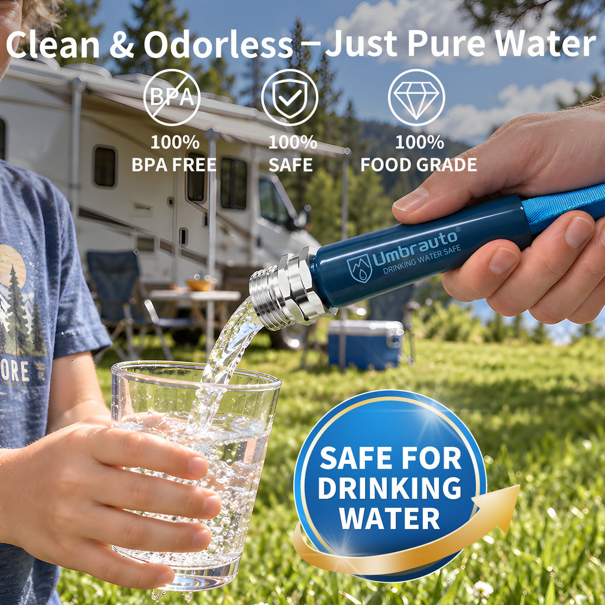 RV Water Hose, Potable Food Grade, Safe & Lead-Free, Lightweight Hose Collapsible Double Layer with Storage Bag. 3/4 inch Aluminum Fittings for RV Camping，No BPA & No Phthalate，60-120PSI