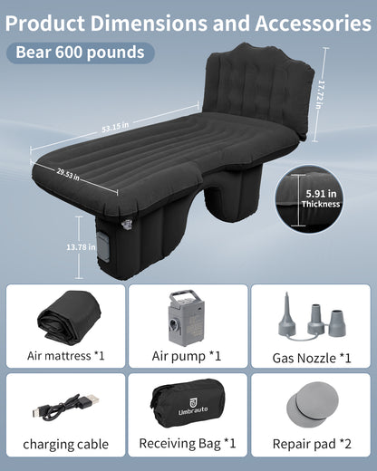 Umbrauto Back Seat Car Air Mattress with Built-in Rechargeable Pump: Cordless Inflatable Car Bed for Rear Seat Camping, 1-Click Fast Setup Thickened Flocking Sleeping Pad for Sedan, Truck & SUV
