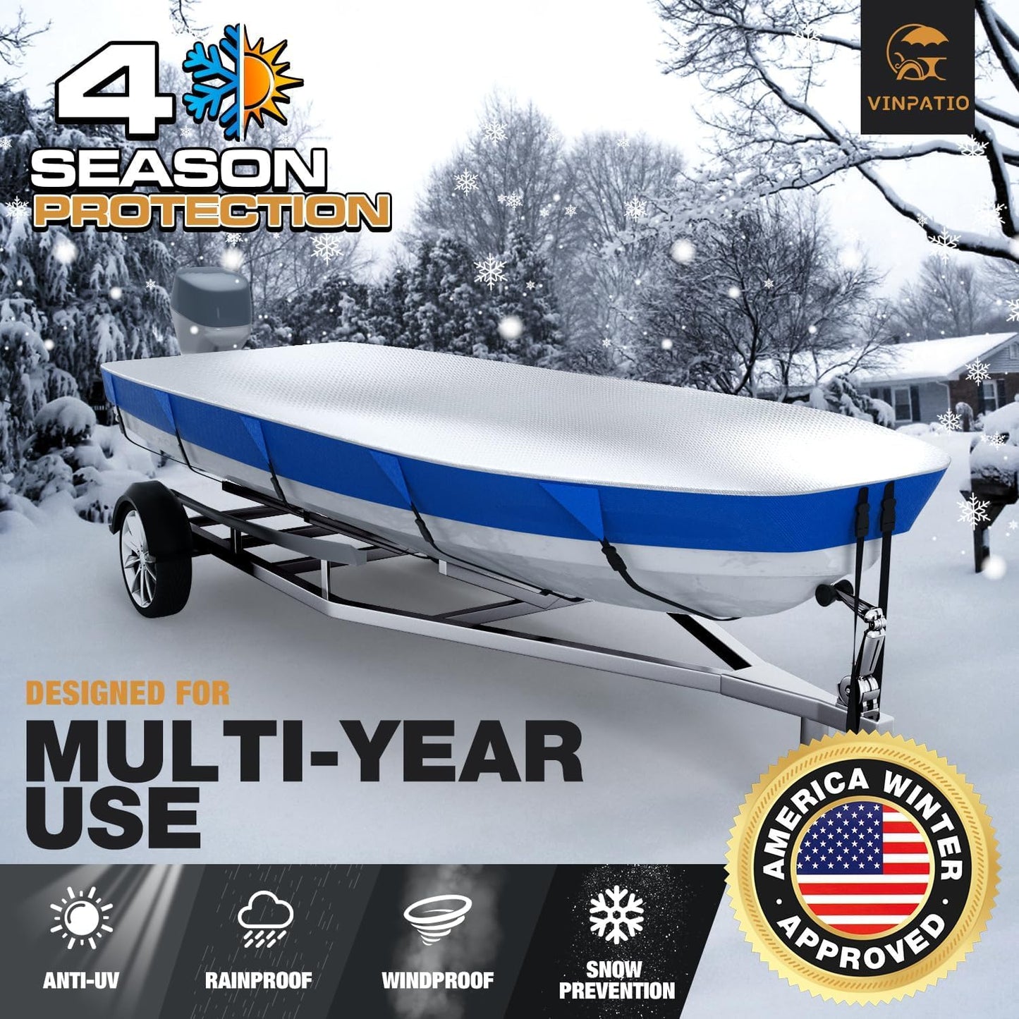 Jon Boat Cover 600D Solution-Dyed Oxford Fabric Heavy Duty Trailerable Jon Boat Cover Waterproof UV Resistant Marine Grade Reinforced Adjustable Side Straps, Blue & Silver