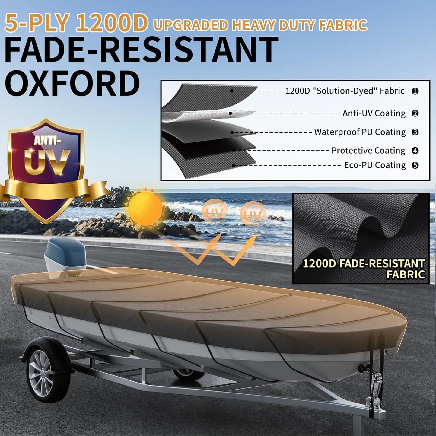 Jon Boat Cover ,1200D 5-Layer Waterproof Oxford Fabric,Heavy Duty UV Protection Fade and Tear Resistant Trailerable Mooring Cover, Marine Grade Reinforced Adjustable Side Straps