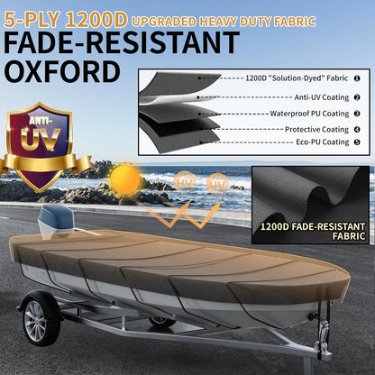 Jon Boat Cover ,1200D 5-Layer Waterproof Oxford Fabric,Heavy Duty UV Protection Fade and Tear Resistant Trailerable Mooring Cover, Marine Grade Reinforced Adjustable Side Straps
