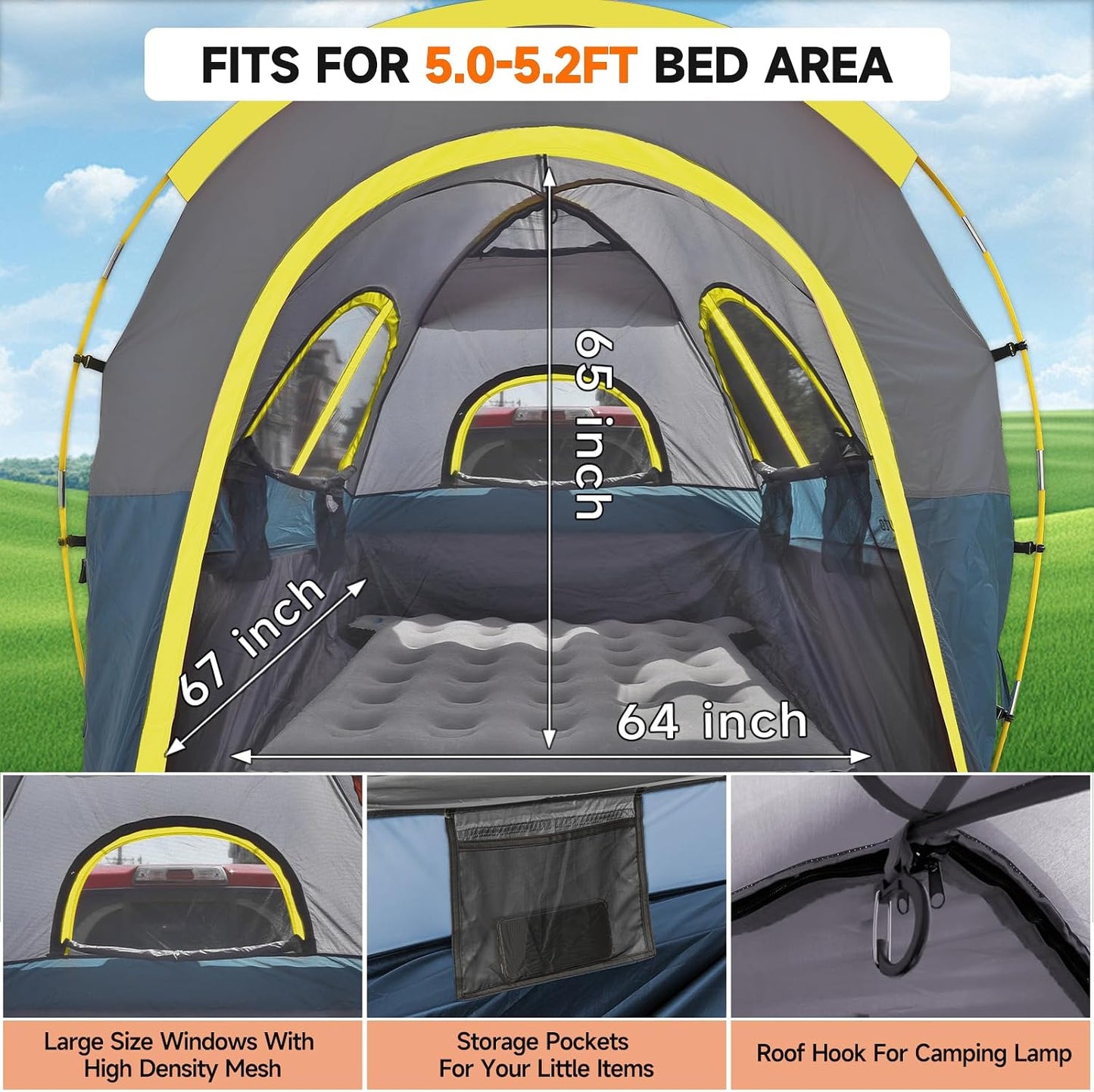 Truck Bed Tent with Awning: 5.0' ~ 5.2' PU3000mm Waterproof Tailgate Pickup Truck Tents, Easy Set-up for 2 Person, Fits Full Size Short Bed, Chevy, Dodge, Ford, GMC