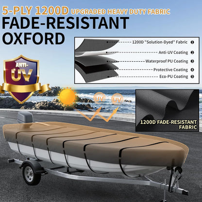 Jon Boat Cover for  V-Bow, 1200D 5-Layer Waterproof Oxford Fabric, Heavy Duty UV Protection & Tear Resistant Trailerable Mooring Cover, Marine Grade Reinforced Adjustable Side Straps