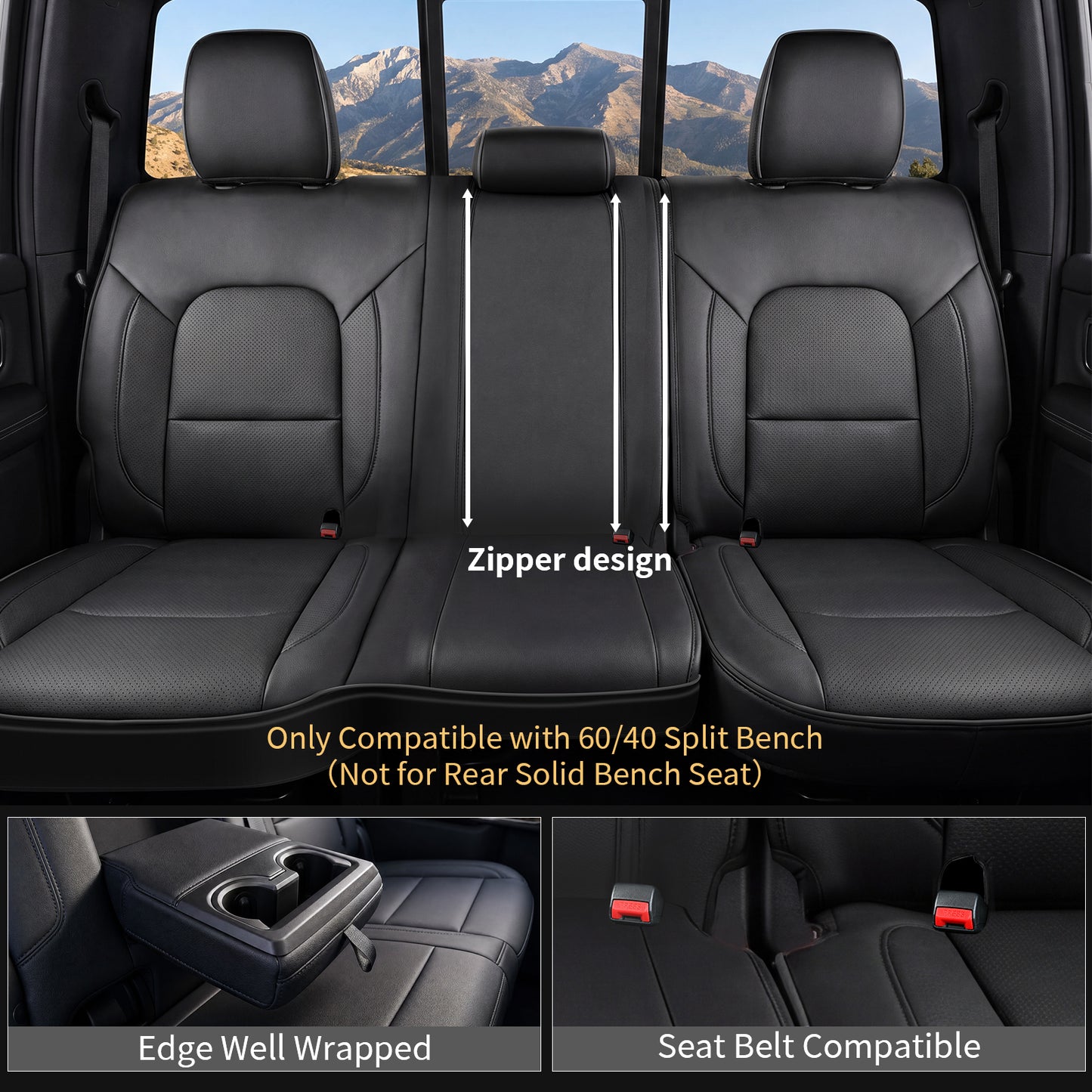 Umbrauto Car Seat Covers for Dodge RAM, Premium Nappa Waterproof Leather Seat Cushion Fits 2009-2026 RAM 1500/2500/3500 Crew Quad Mega Cab with Flat Bench,Full Set, Black