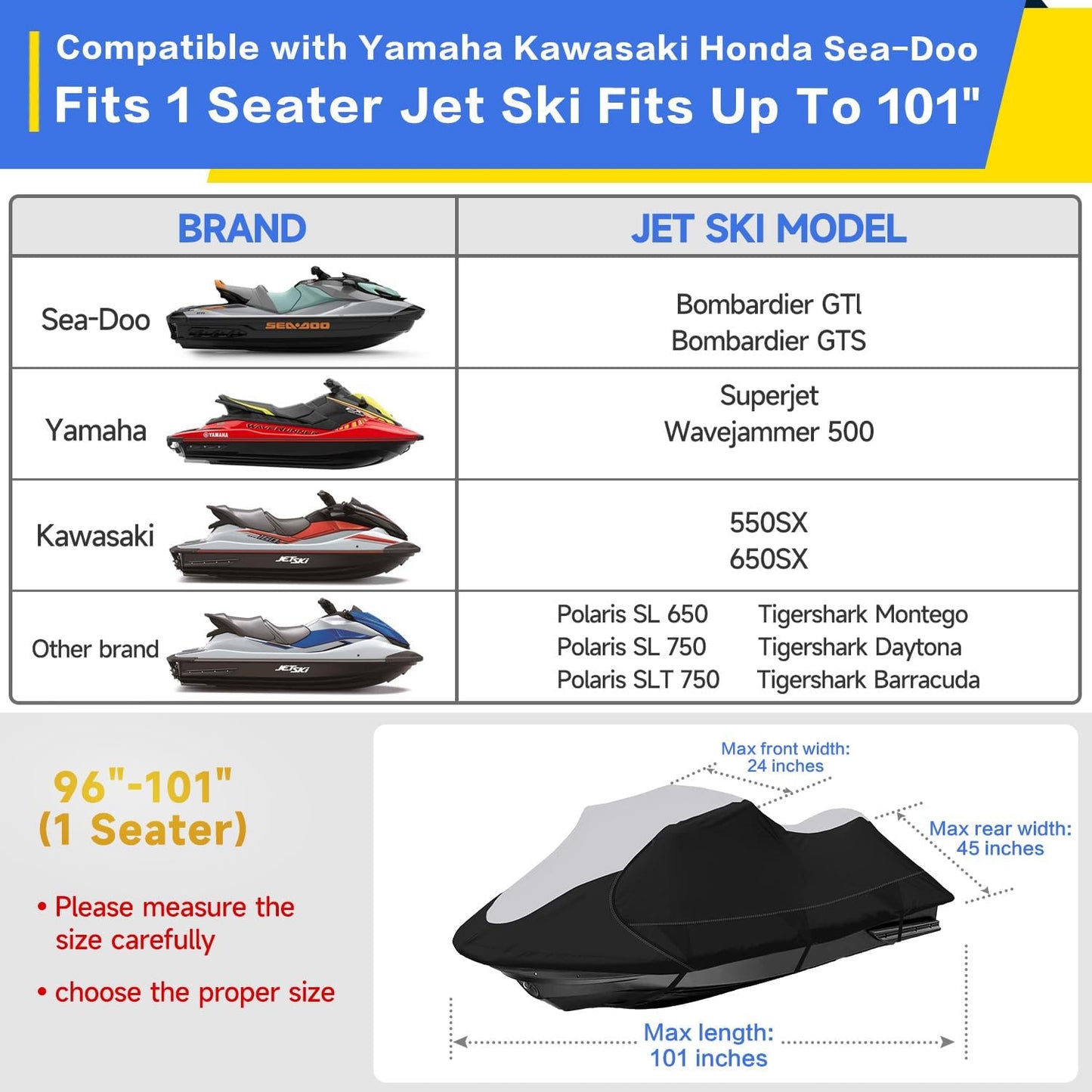 Jet Ski Cover VINPATIO 600D Trailerable Jetski Cover, Heavy Duty 100% Waterproof and UV Protection PWC Cover, 96"-101" L