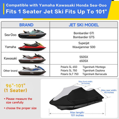 Jet Ski Cover VINPATIO 600D Trailerable Jetski Cover, Heavy Duty 100% Waterproof and UV Protection PWC Cover, 96"-101" L