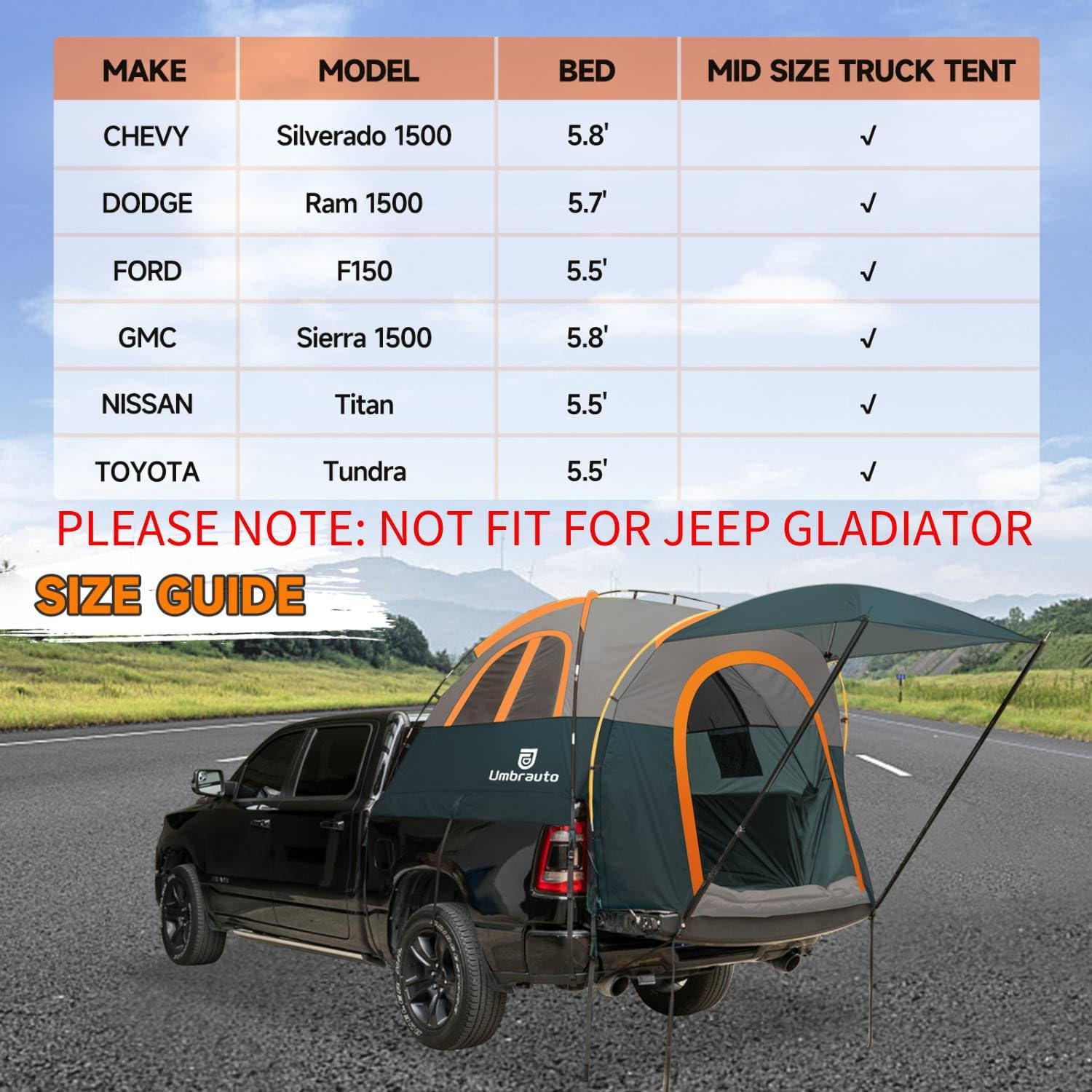 dodge truck tent Umbrauto Truck Bed Tent with Awning,Fits 5.5-5.8 ft Truck Beds | PU3000mm Waterproof Pickup Tent, Orange