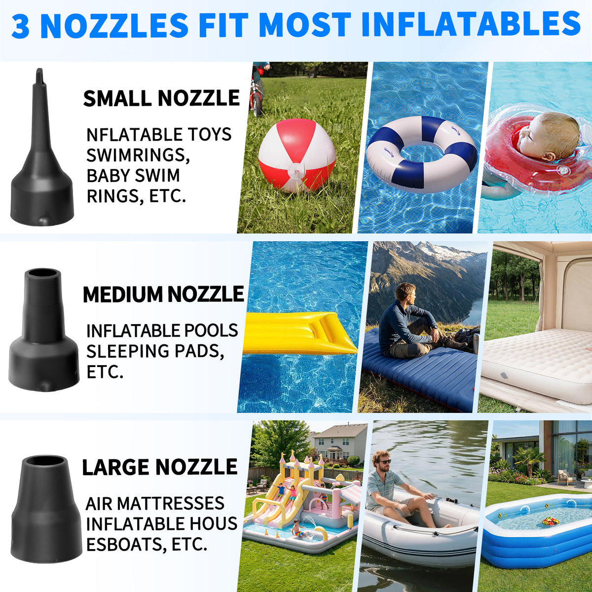 Electric Air Pump for Inflatables,Portable Quick-Fill Air Pump with 3 Nozzles,12V, Inflator & Deflator Pumps for Outdoor Camping, Air Mattress Beds,Boats,Inflatable Cushion,Couch,Pool Floats