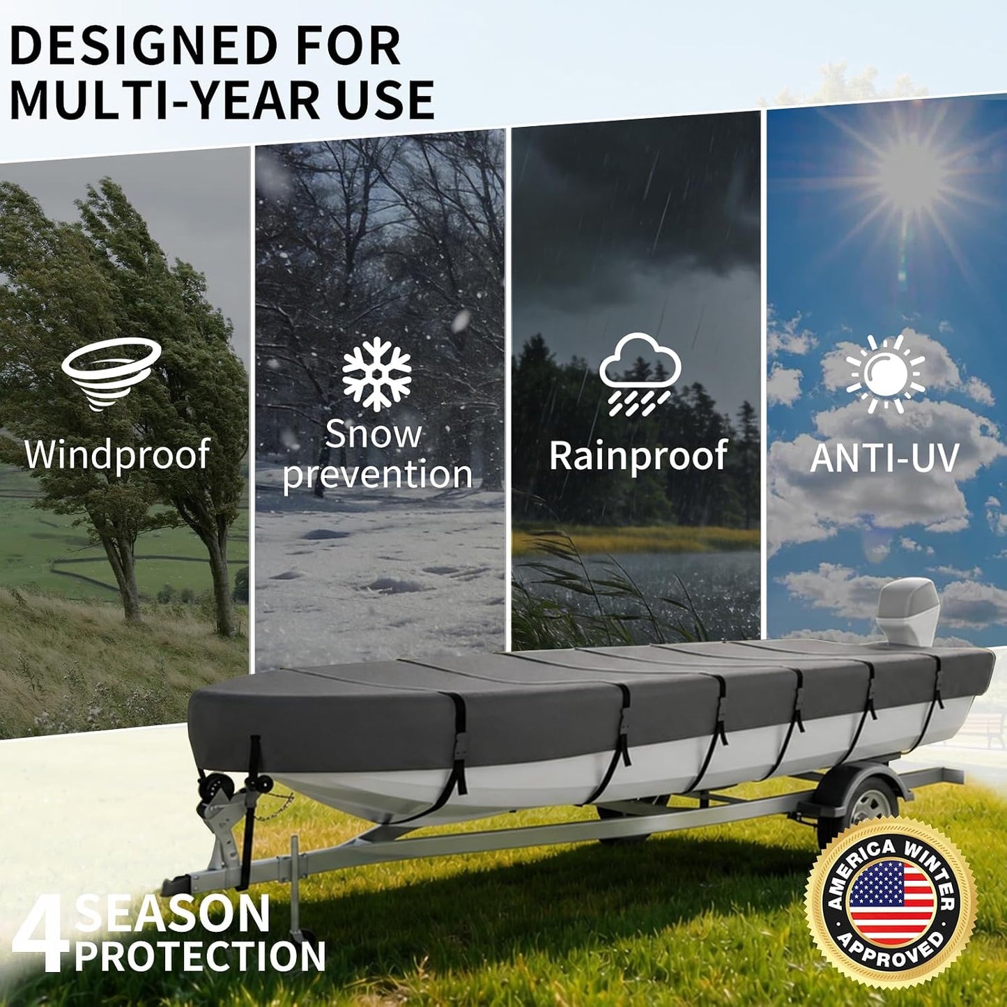 Jon Boat Cover for  V-Bow, 1200D 5-Layer Waterproof Oxford Fabric, Heavy Duty UV Protection & Tear Resistant Trailerable Mooring Cover, Marine Grade Reinforced Adjustable Side Straps