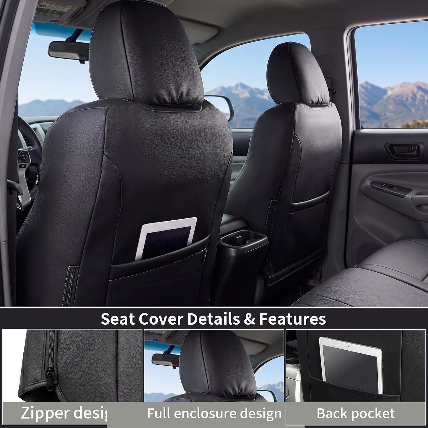 Umbrauto Car Seat Covers for Toyota Tacoma 2005-2015 Double & Crew Cab,Nappa Leather, 3D Laser-Scan Custom Fit, Waterproof, Easy-Clean, Full Coverage, Airbag Compatible, Pet & Scratch Protection