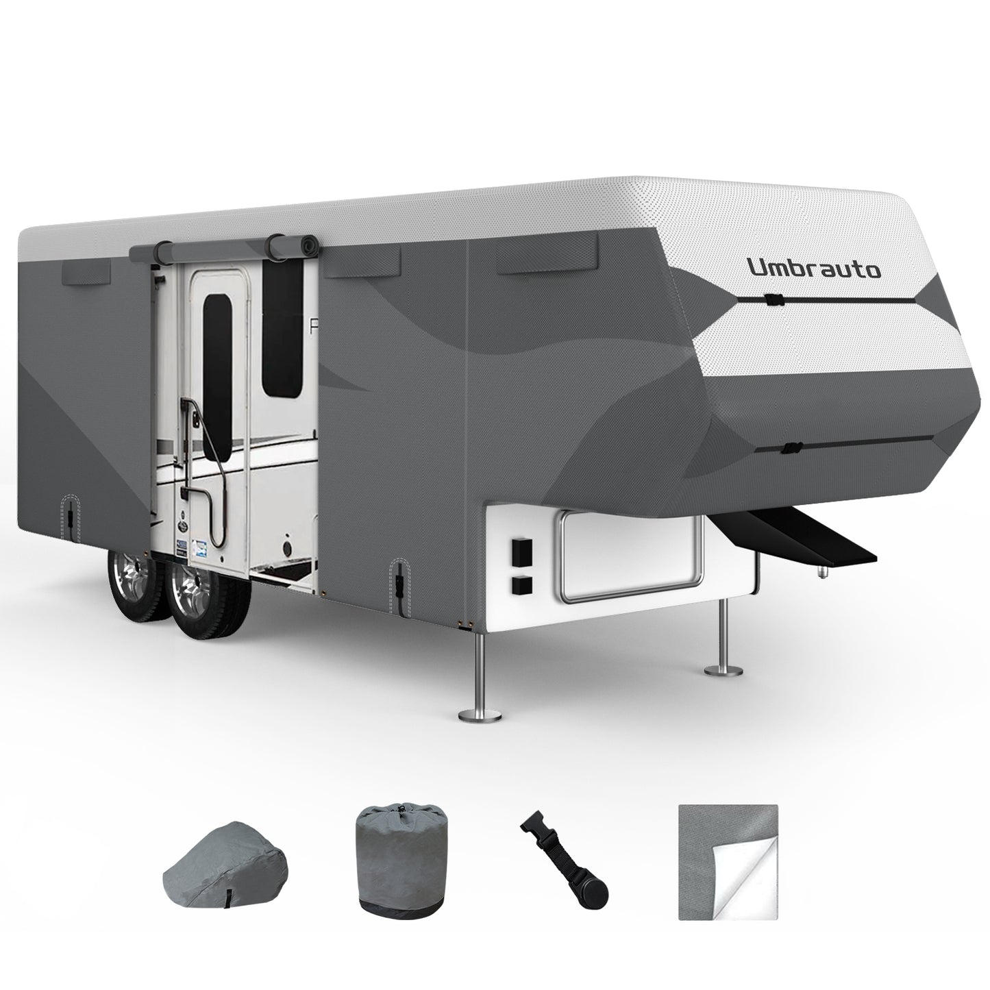 Umbrauto Fifth Wheel RV Cover, Dupont Tyvek Fabric Top 5th Wheel RV Cover Travel Trailer, Waterproof Ripstop Camper Cover with Tongue Jack Cover, Extra Windproof Ropes and Ladder Cover