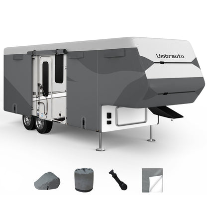 Umbrauto Fifth Wheel RV Cover, Dupont Tyvek Fabric Top 5th Wheel RV Cover Travel Trailer, Waterproof Ripstop Camper Cover with Tongue Jack Cover, Extra Windproof Ropes and Ladder Cover