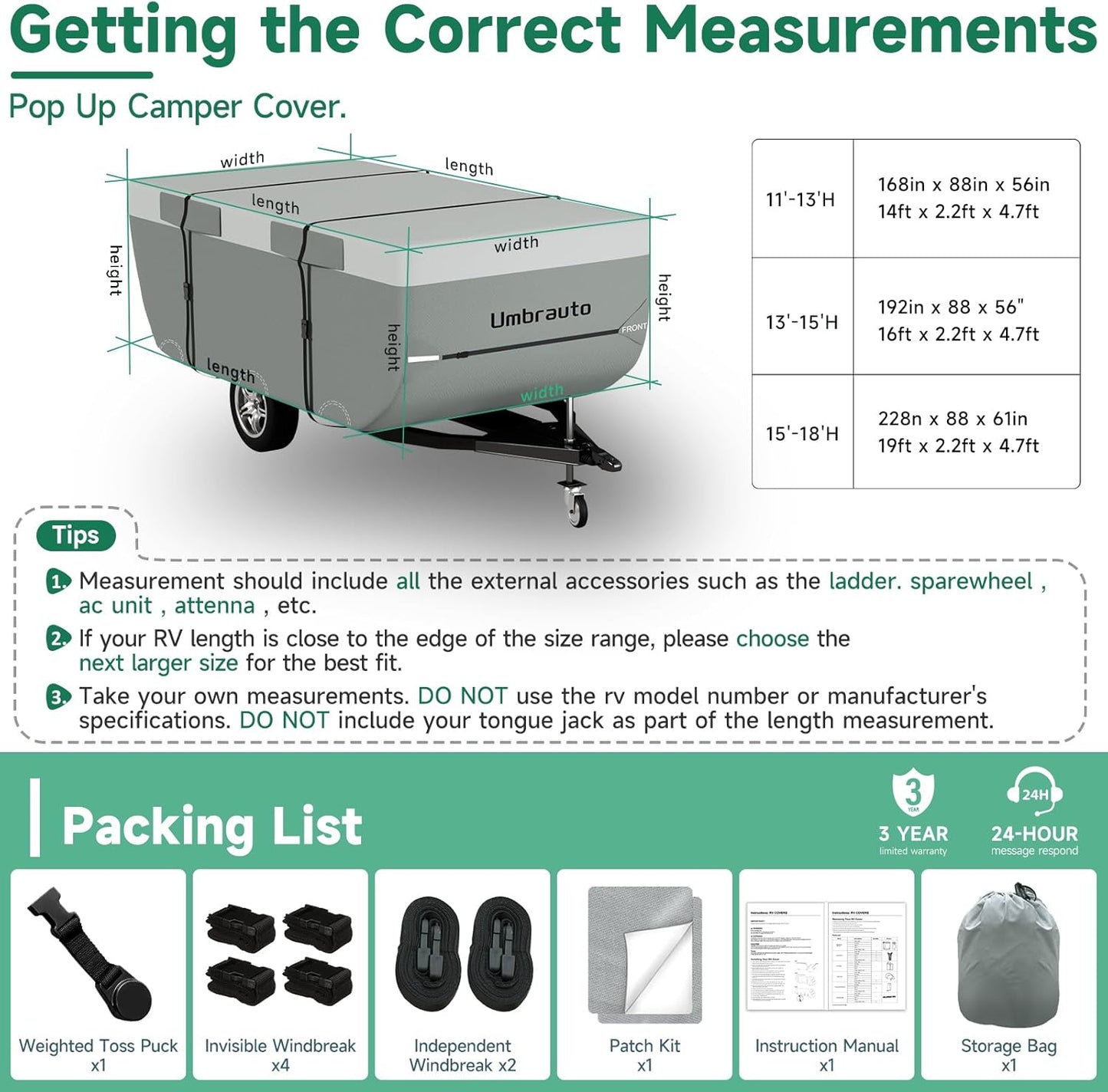 Umbrauto Pop-Up Camper Cover for High-Wall Tent Trailers— Lightweight Waterproof 7-Layer Ripstop, Breathable & Windproof