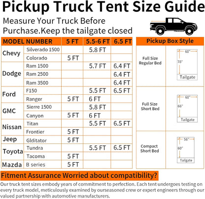Truck Bed Tent with Awning: 5.0' ~ 5.2' PU3000mm Waterproof Tailgate Pickup Truck Tents, Easy Set-up for 2 Person, Fits Full Size Short Bed, Chevy, Dodge, Ford, GMC