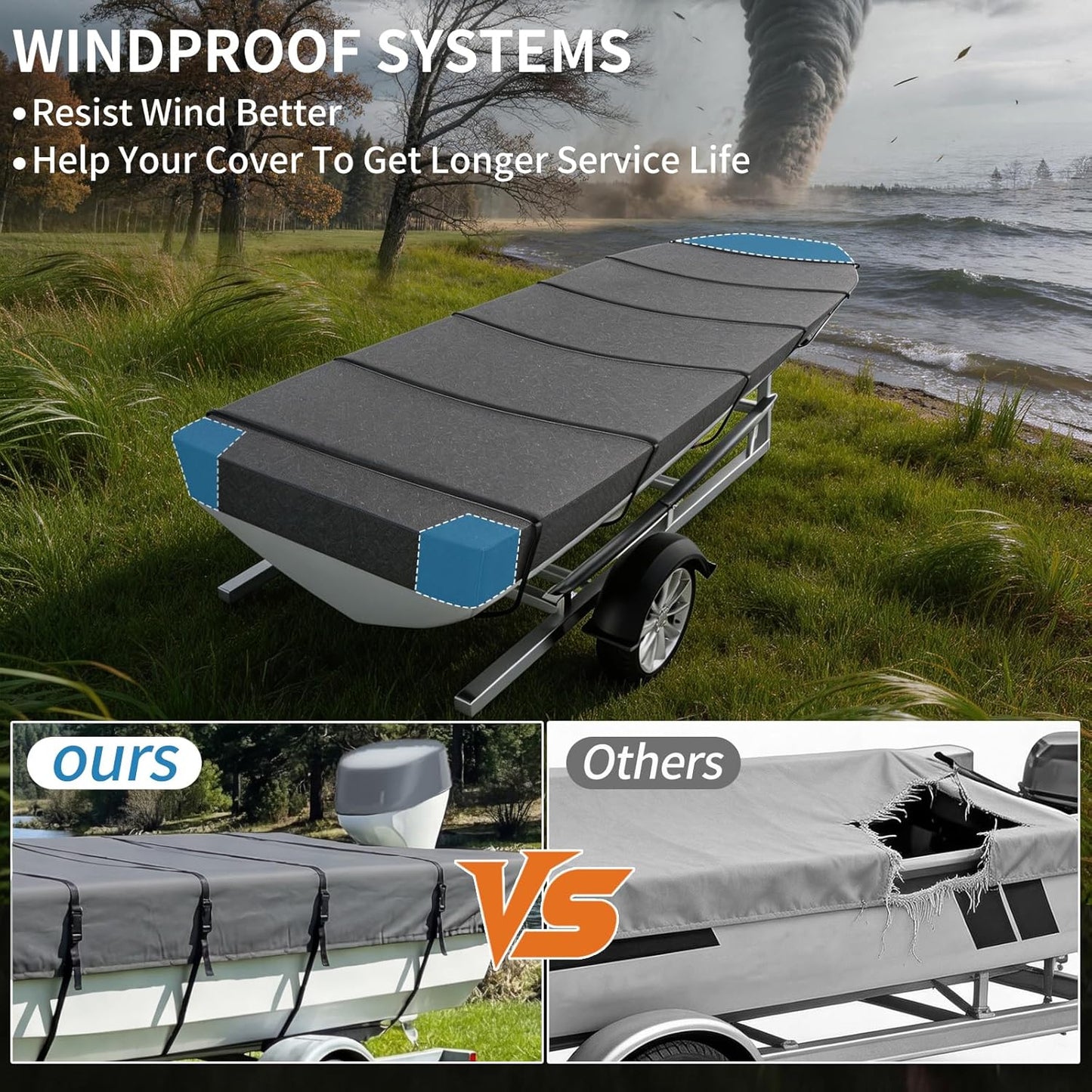 Jon Boat Cover ,1200D 5-Layer Waterproof Oxford Fabric,Heavy Duty UV Protection Fade and Tear Resistant Trailerable Mooring Cover, Marine Grade Reinforced Adjustable Side Straps