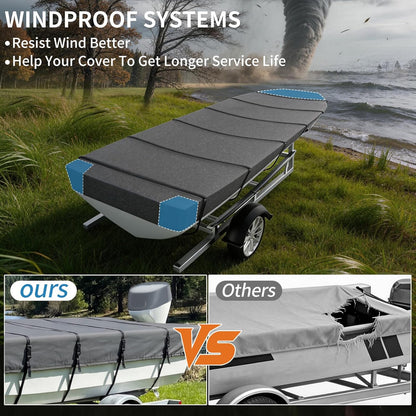 Jon Boat Cover ,1200D 5-Layer Waterproof Oxford Fabric,Heavy Duty UV Protection Fade and Tear Resistant Trailerable Mooring Cover, Marine Grade Reinforced Adjustable Side Straps