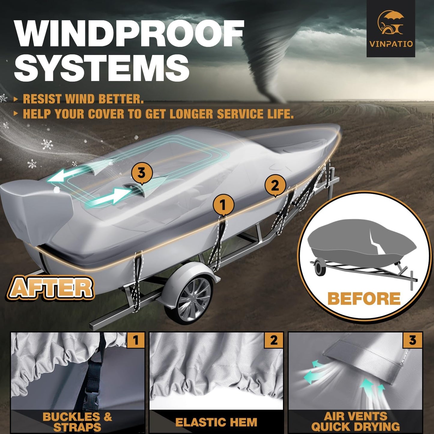 Boat Cover with Motor Cover,  100% Waterproof Boat Covers Bass Boat Cover Fits V-Hull Runabout Fishing Ski Pro-Style Bass Boats