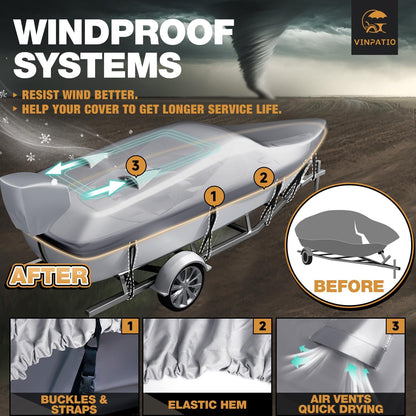 Boat Cover with Motor Cover,  100% Waterproof Boat Covers Bass Boat Cover Fits V-Hull Runabout Fishing Ski Pro-Style Bass Boats