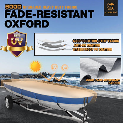 Jon Boat Cover 600D Solution-Dyed Oxford Fabric Heavy Duty Trailerable Jon Boat Cover Waterproof UV Resistant Marine Grade Reinforced Adjustable Side Straps, Blue & Silver