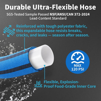 RV Water Hose, Potable Food Grade, Safe & Lead-Free, Lightweight Hose Collapsible Double Layer with Storage Bag. 3/4 inch Aluminum Fittings for RV Camping，No BPA & No Phthalate，60-120PSI