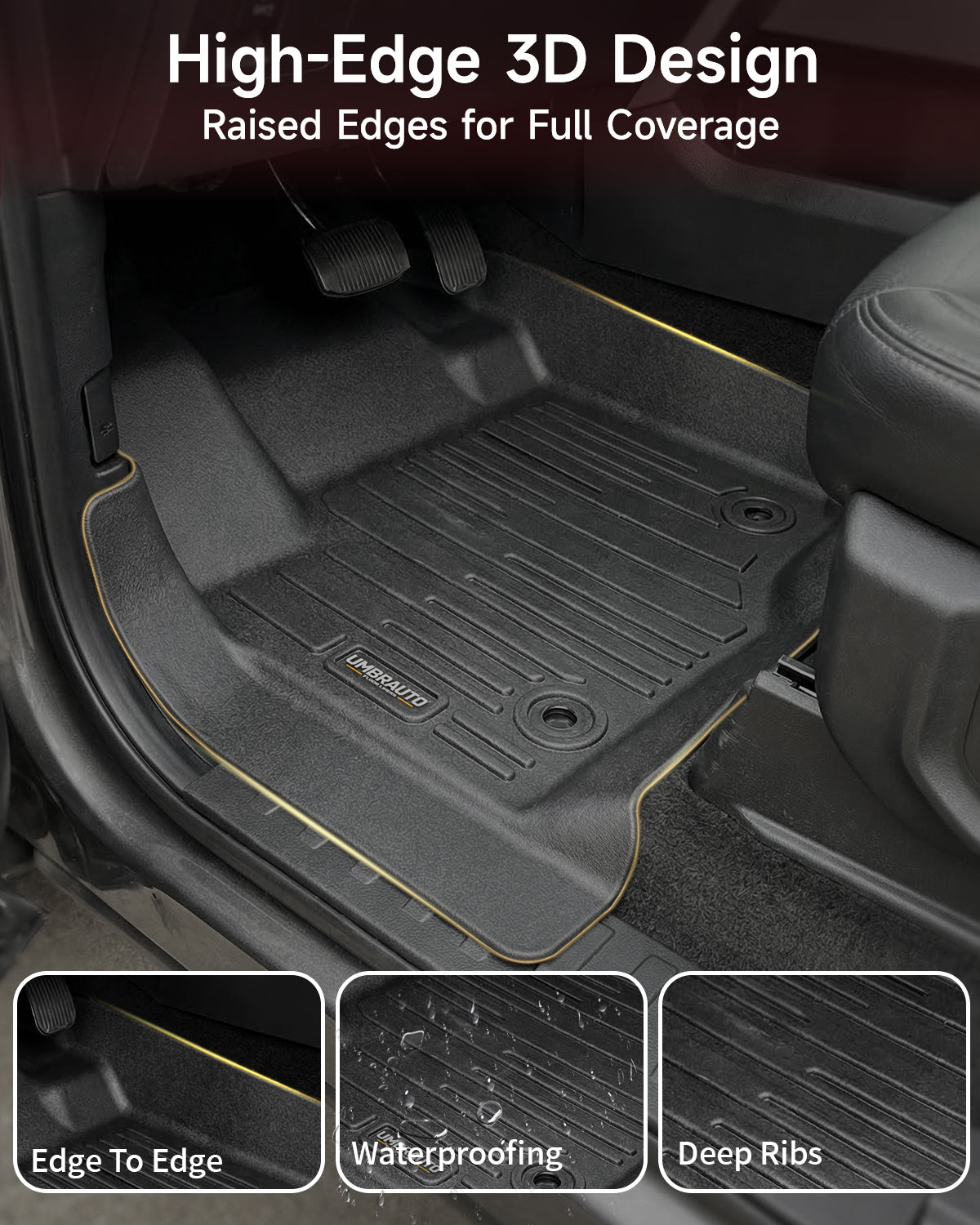 Umbrauto Custom Fit Floor Mats for Ford F250 F350 F450 2017-2025 2026 Super Duty Crew Cab, All Weather Protector TPE Truck Floor Liners for Front Bucket Seats, Rear W/Fold-Flat Storage, Carpet Floor