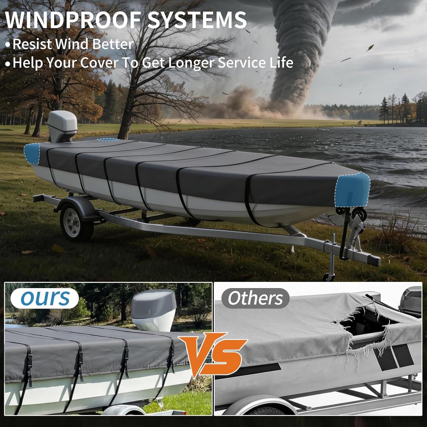 Jon Boat Cover for  V-Bow, 1200D 5-Layer Waterproof Oxford Fabric, Heavy Duty UV Protection & Tear Resistant Trailerable Mooring Cover, Marine Grade Reinforced Adjustable Side Straps