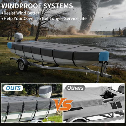Jon Boat Cover for  V-Bow, 1200D 5-Layer Waterproof Oxford Fabric, Heavy Duty UV Protection & Tear Resistant Trailerable Mooring Cover, Marine Grade Reinforced Adjustable Side Straps