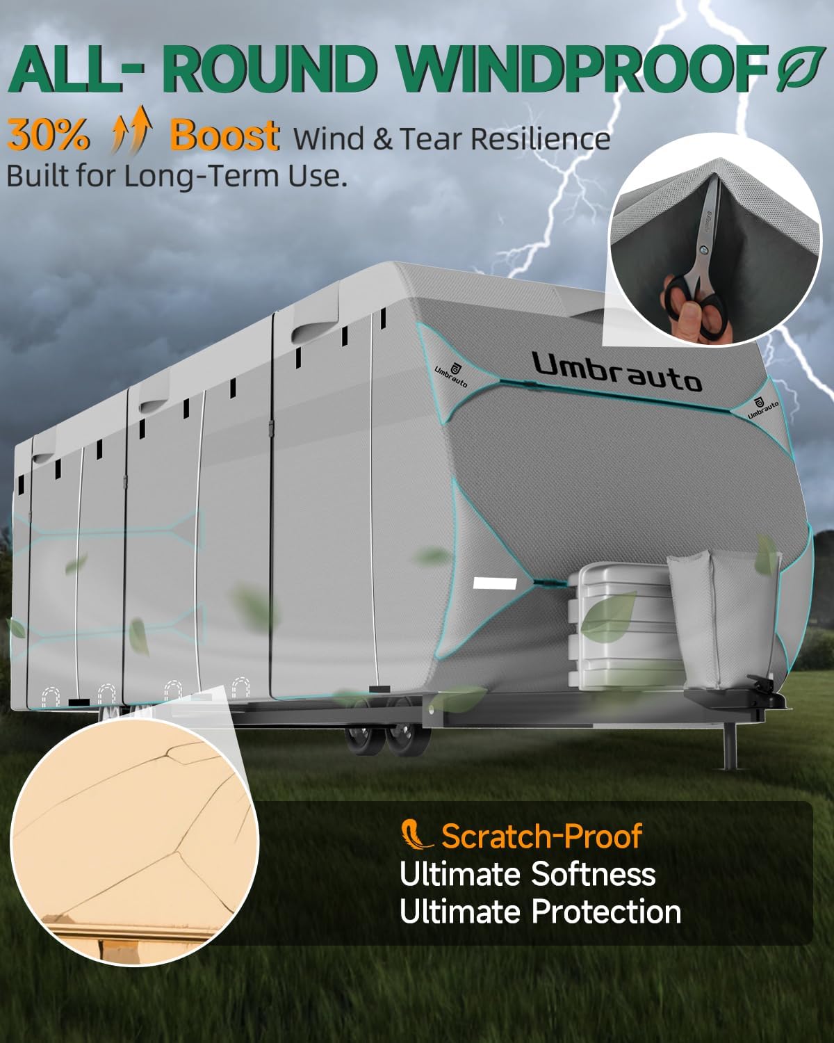 Umbrauto RV Cover Lightweight Travel Trailer Cover, Waterproof Camper Cover for Toy Hauler, Winter Campsite, with Tongue Jack Cover, Extra Windproof Ropes, Gutter Covers