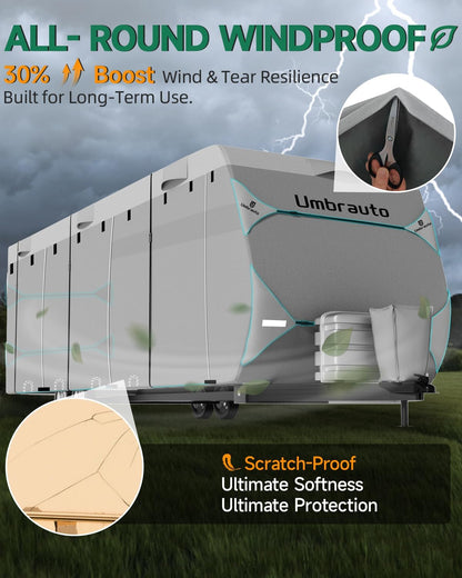 Umbrauto RV Cover Lightweight Travel Trailer Cover, Waterproof Camper Cover for Toy Hauler, Winter Campsite, with Tongue Jack Cover, Extra Windproof Ropes, Gutter Covers