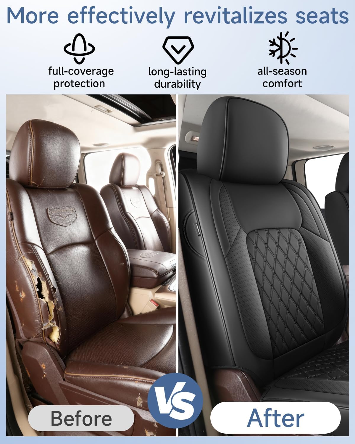 Housses de siège sur mesure compatibles avec Dodge Ram 1500 2500 3500, housses de siège de camion Ram en cuir de luxe à couverture complète 2009-2025 compatibles avec Crew Cab Double Quad Regular (ensemble complet (avant plat/arrière incurvé))