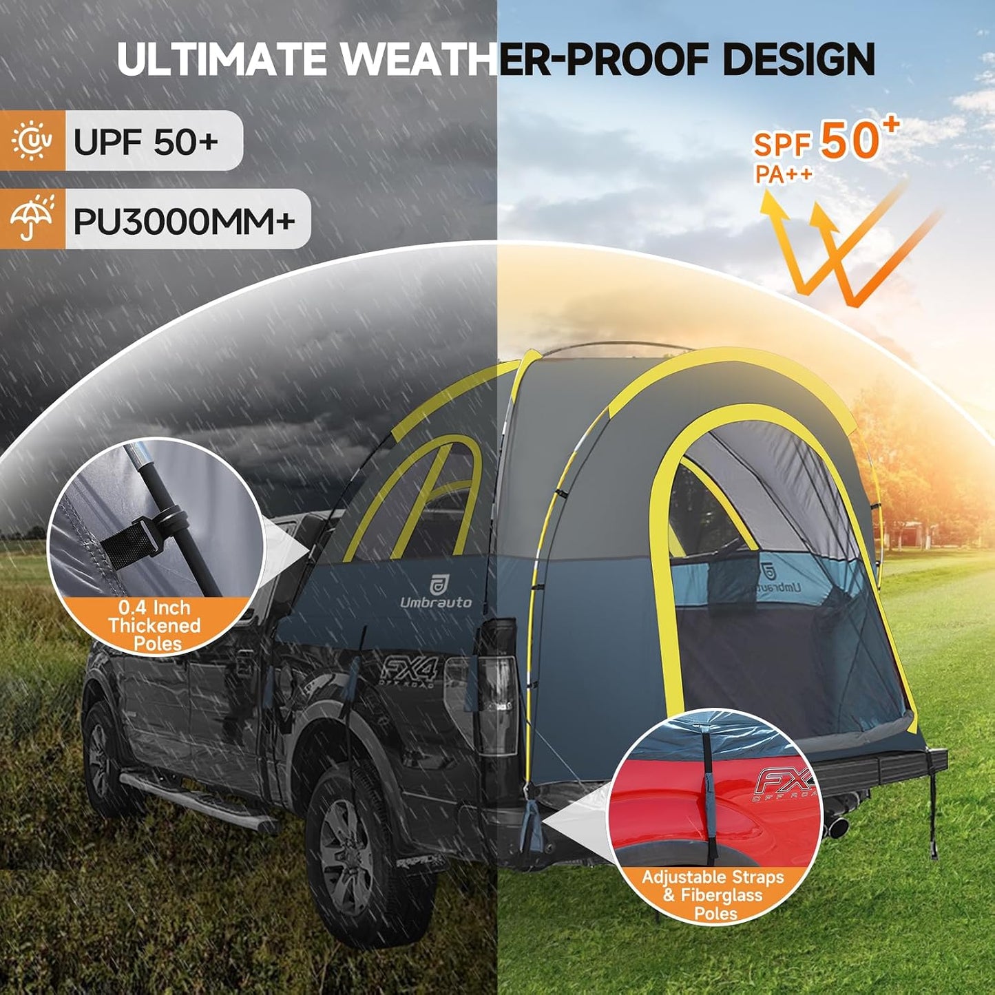 Click to see full view Truck Bed Tent 5.0' ~ 5.2': Easy Set Up Umburato Pickup Truck Tents for Camping, Waterproof PU3000mm Canopy for Truck Camper, Portable, Spacious for 2 Person