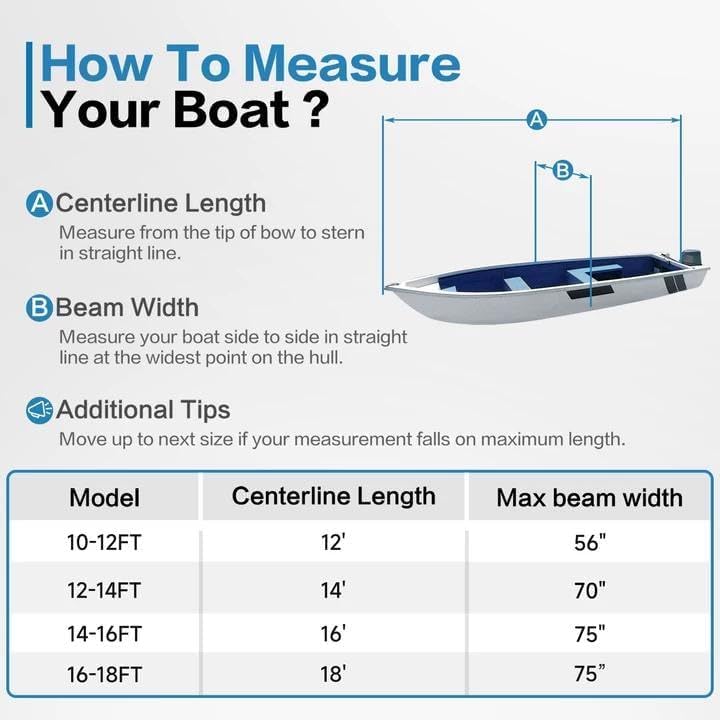 Jon Boat Cover 600D Solution-Dyed Oxford Fabric Heavy Duty Trailerable Jon Boat Cover Waterproof UV Resistant Marine Grade Reinforced Adjustable Side Straps, Blue & Silver