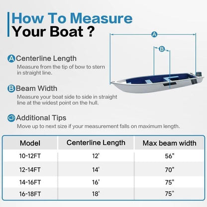 Jon Boat Cover 600D Solution-Dyed Oxford Fabric Heavy Duty Trailerable Jon Boat Cover Waterproof UV Resistant Marine Grade Reinforced Adjustable Side Straps, Blue & Silver