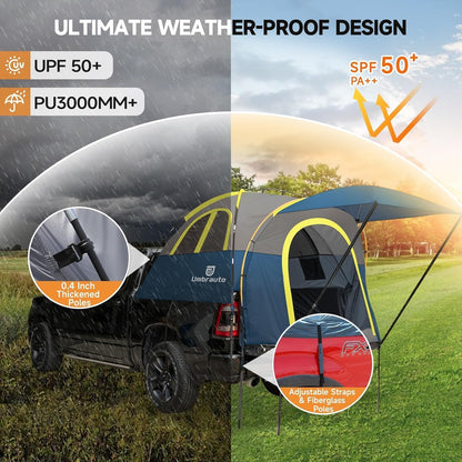 Truck Bed Tent with Awning: 5.0' ~ 5.2' PU3000mm Waterproof Tailgate Pickup Truck Tents, Easy Set-up for 2 Person, Fits Full Size Short Bed, Chevy, Dodge, Ford, GMC