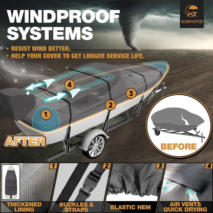 Umbrauto V-Hull Boat Cover, 600D Solution-Dyed Oxford 100% Waterproof, Heavy Duty Bass Boat Cover for Trailerable Fishing Boat, Beam Width 90"