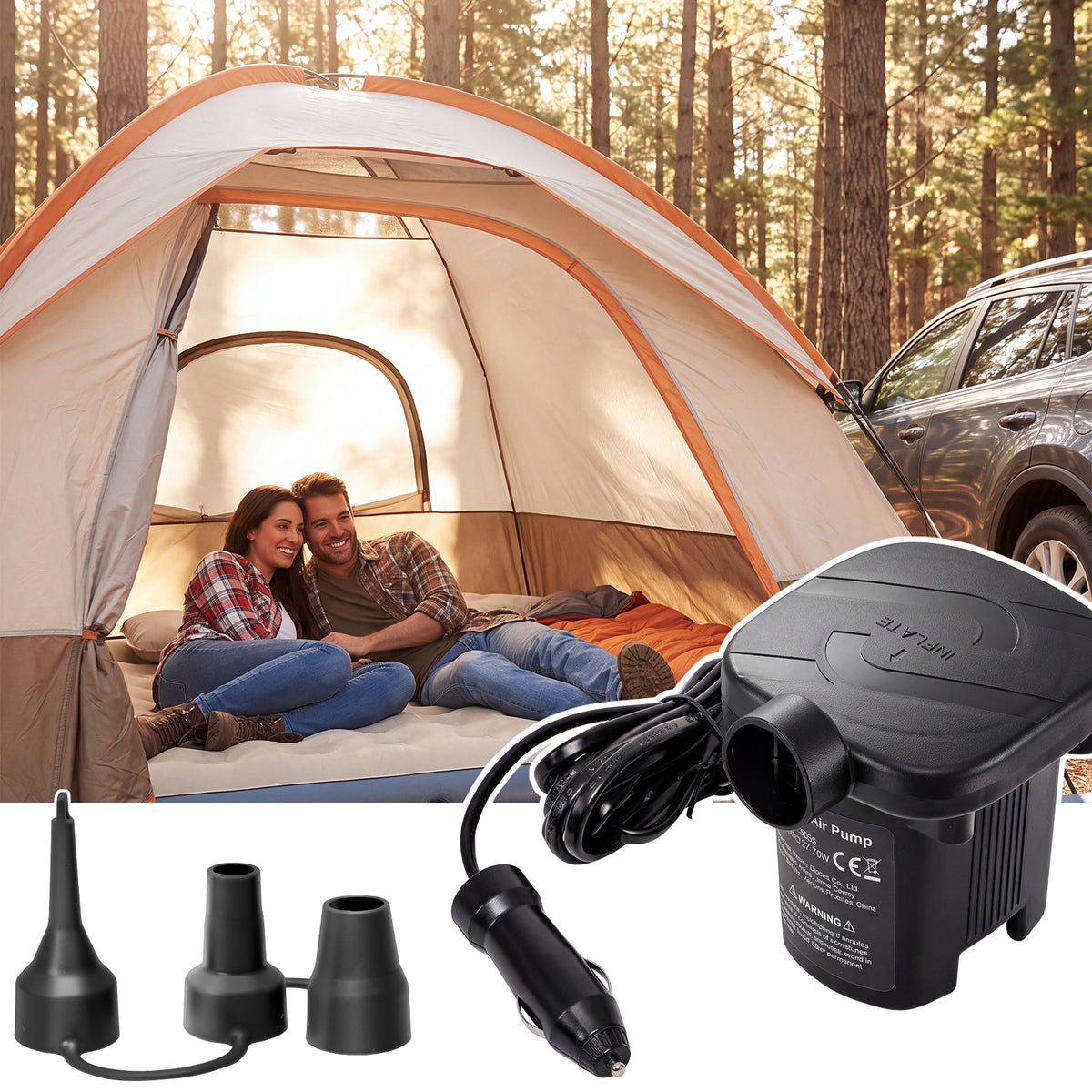 Electric Air Pump for Inflatables,Portable Quick-Fill Air Pump with 3 Nozzles,12V, Inflator & Deflator Pumps for Outdoor Camping, Air Mattress Beds,Boats,Inflatable Cushion,Couch,Pool Floats