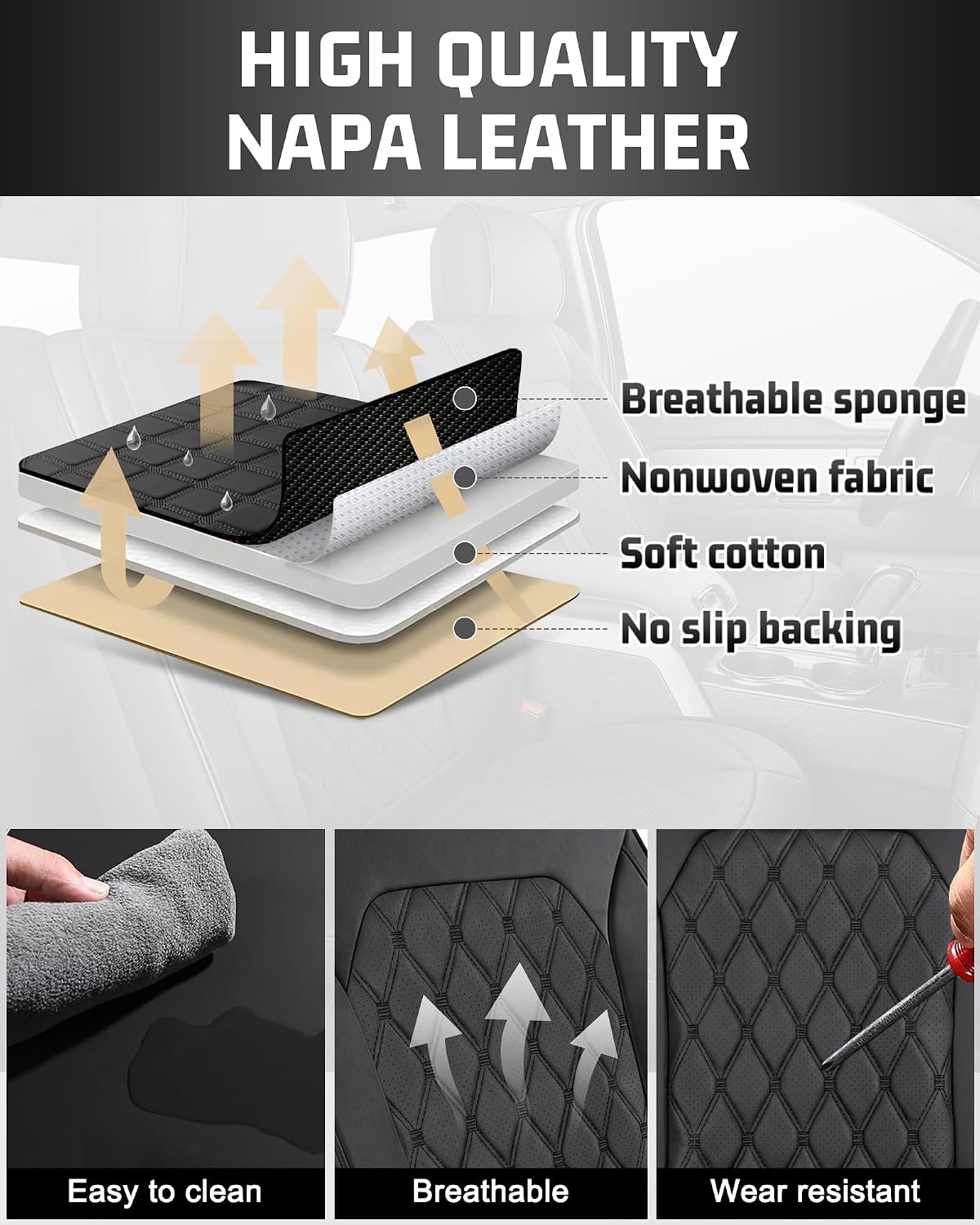 Front Seat Covers for F150 2015-2026 SuperCrew, 2017-2026 F250/350 Crew Cab,Nappa Leather, 3D Laser-Scanned Custom Fit, Waterproof, Full Coverage, Airbag Compatible, Easy to Clean, Pet Friendly,Black