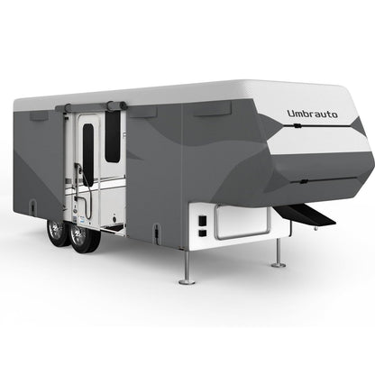 Umbrauto Fifth Wheel RV Cover, Dupont Tyvek Fabric Top 5th Wheel RV Cover Travel Trailer, Waterproof Ripstop Camper Cover with Tongue Jack Cover, Extra Windproof Ropes and Ladder Cover