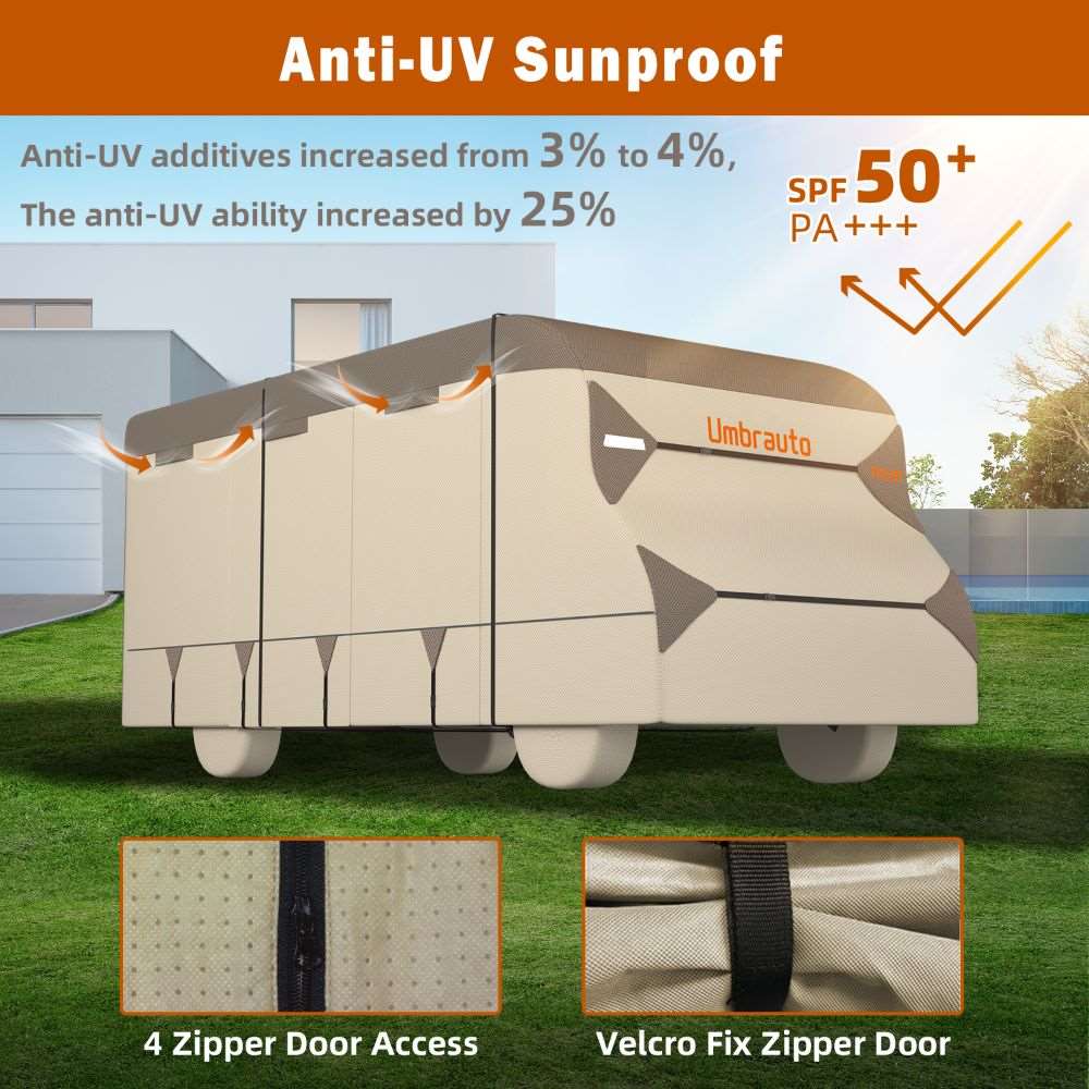 Umbrauto RV Cover Class C Upgraded 7 Layers Anti-UV Top Panel Motorhome Cover，khaki