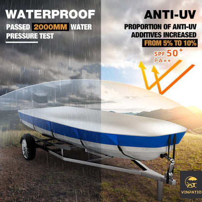 Jon Boat Cover 600D Solution-Dyed Oxford Fabric Heavy Duty Trailerable Jon Boat Cover Waterproof UV Resistant Marine Grade Reinforced Adjustable Side Straps, Blue & Silver
