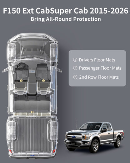 Umbrauto Custom Fit Floor Mats for Ford F150 SuperCab (Extended Cab) 2015-2025 2026 (Not for SuperCrew Cab), All Weather TPE Automotive Pickup Truck Liners for Front & Rear Row