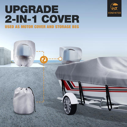Boat Cover with Motor Cover,  100% Waterproof Boat Covers Bass Boat Cover Fits V-Hull Runabout Fishing Ski Pro-Style Bass Boats
