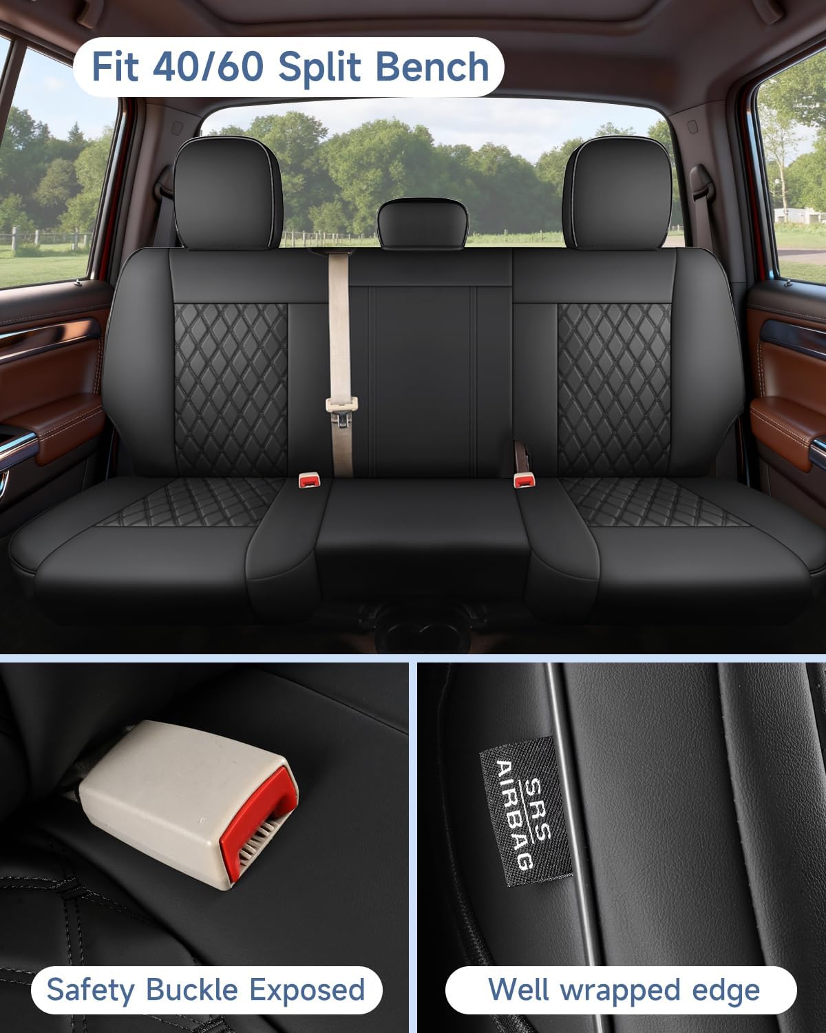 Housses de siège sur mesure compatibles avec Dodge Ram 1500 2500 3500, housses de siège de camion Ram en cuir de luxe à couverture complète 2009-2025 compatibles avec Crew Cab Double Quad Regular (ensemble complet (avant plat/arrière incurvé))