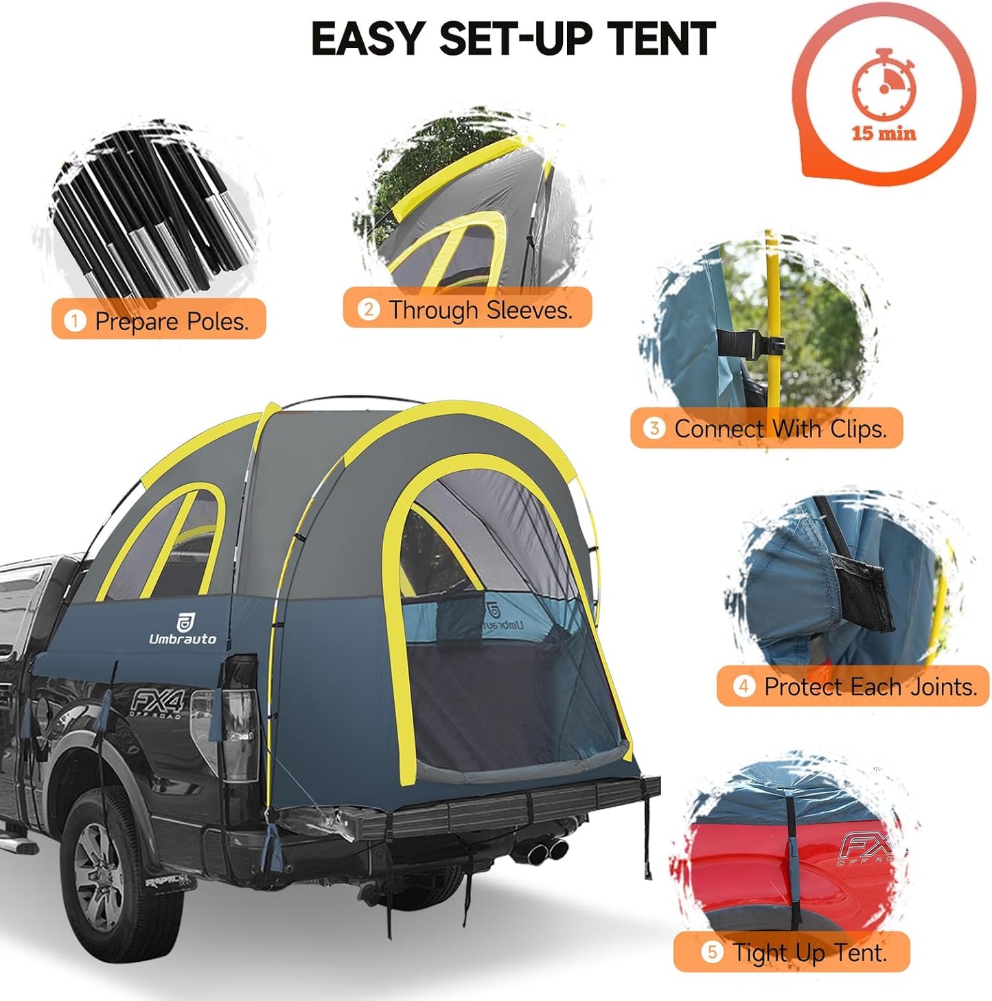Click to see full view Truck Bed Tent 5.0' ~ 5.2': Easy Set Up Umburato Pickup Truck Tents for Camping, Waterproof PU3000mm Canopy for Truck Camper, Portable, Spacious for 2 Person