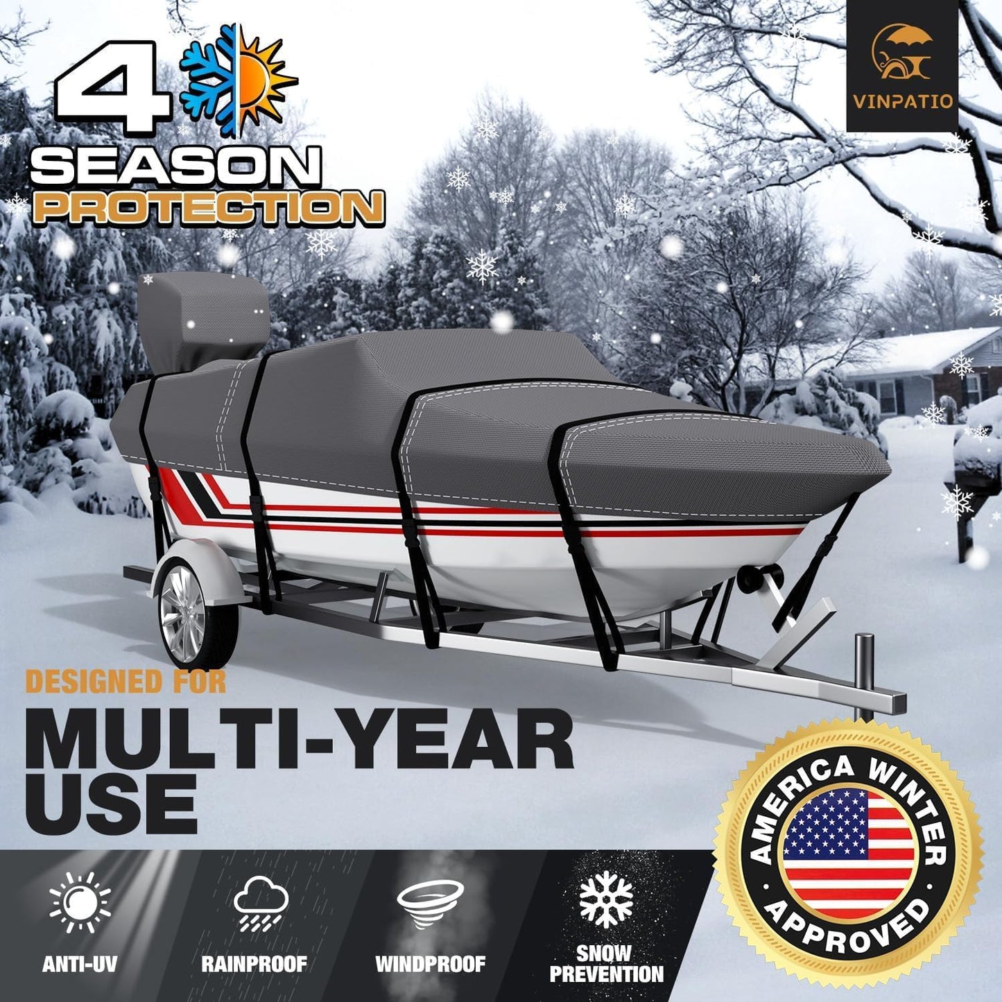 Umbrauto V-Hull Boat Cover, 600D Solution-Dyed Oxford 100% Waterproof, Heavy Duty Bass Boat Cover for Trailerable Fishing Boat, Beam Width 90"