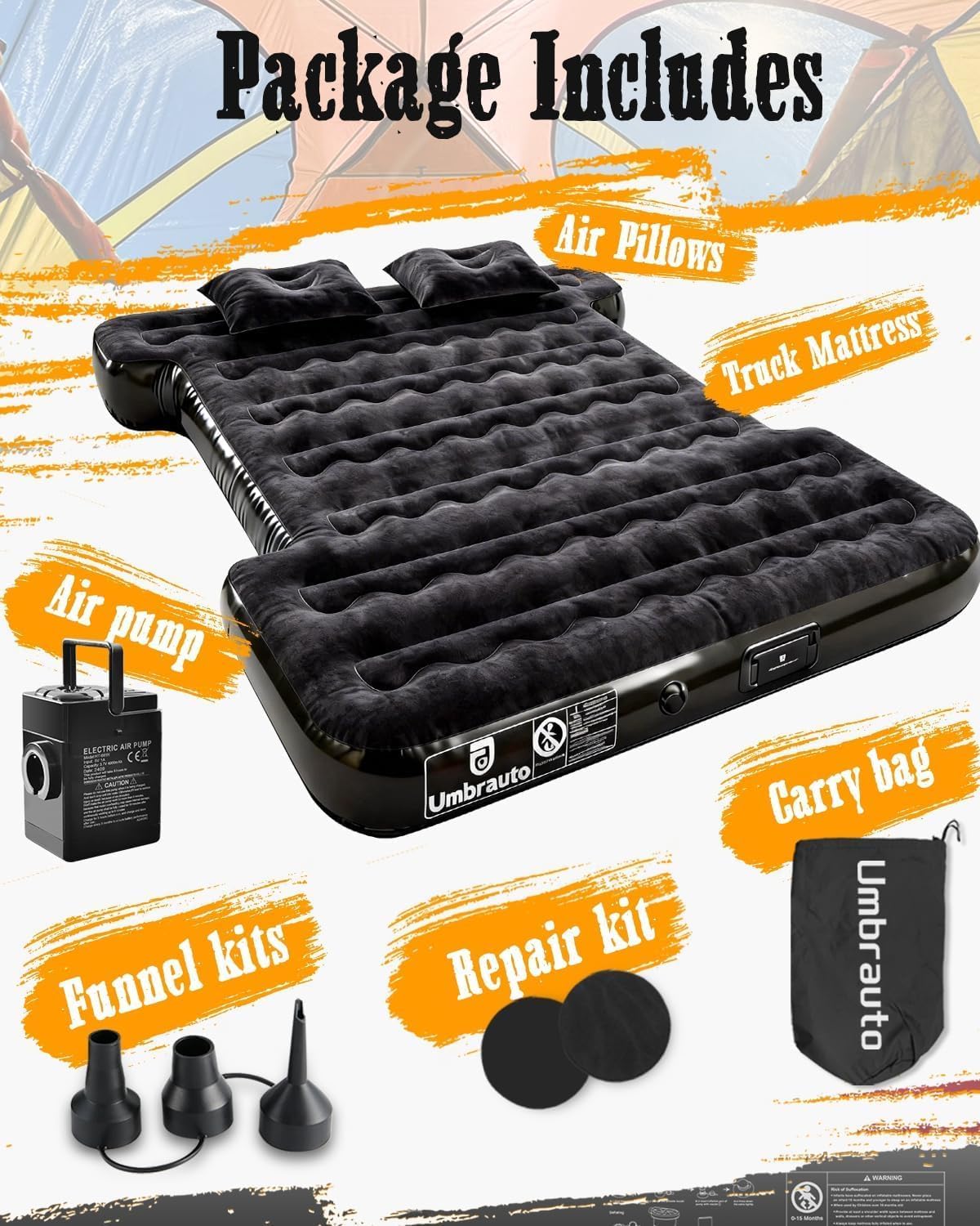 Umbrauto Built-in Pump Air Mattress for 6-6.5ft Truck Bed, Inflatable Full-Size Pickup Airbed for Ford F150/250/350, Chevy Silverado, GMC Sierra, Dodge Ram, Toyota Tundra, Nissan Titan Outdoor Camping