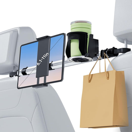 Upgraded Car Backseat Tablet Holder with Cup Mount – Headrest Stand for 6.1″–11″ iPad, Galaxy Tab & Kindle Fire