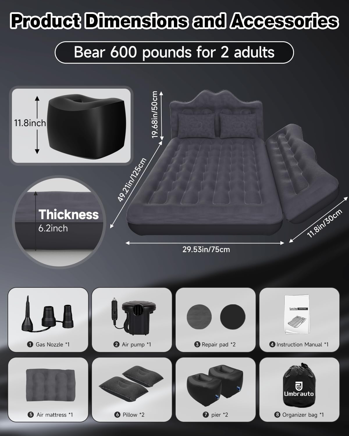 Umbrauto Wide Car Air Mattress – Inflatable SUV, Truck Van Back Seat Camping Bed with Pump Pillows,Black