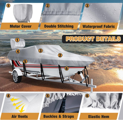 Boat Cover with Motor Cover,  100% Waterproof Boat Covers Bass Boat Cover Fits V-Hull Runabout Fishing Ski Pro-Style Bass Boats