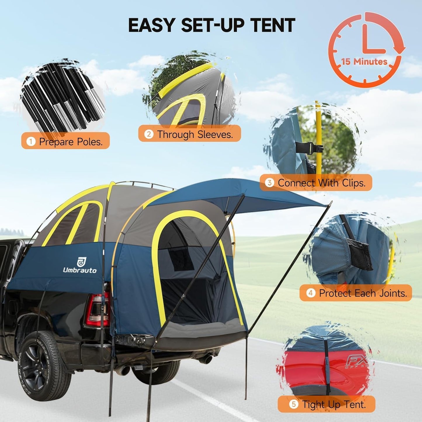 Truck Bed Tent with Awning: 5.0' ~ 5.2' PU3000mm Waterproof Tailgate Pickup Truck Tents, Easy Set-up for 2 Person, Fits Full Size Short Bed, Chevy, Dodge, Ford, GMC